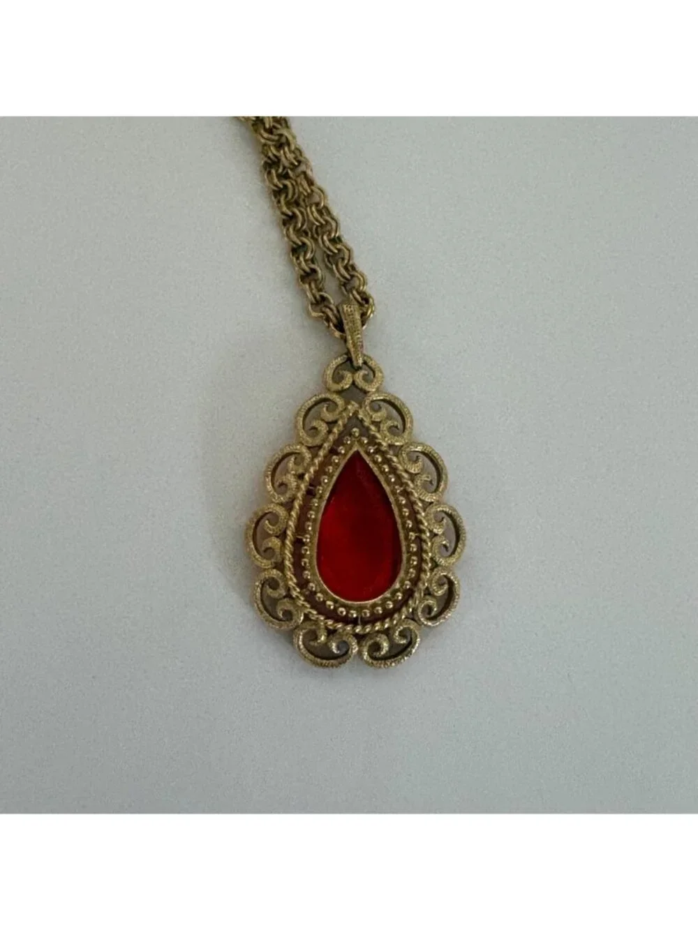 Long Gold Tone Necklace Orange Teardrop Pendant Ornate Filigree Design Jewelry